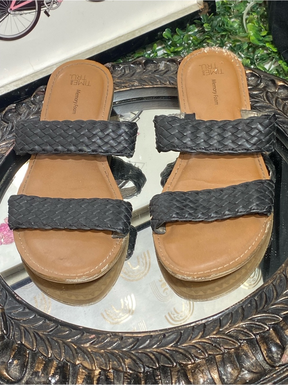 Time and Tru Black Braided Double-Strap Slide Sandals